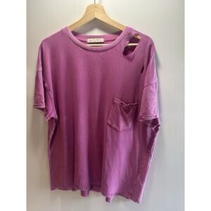 Free People Rubi Ripped Tee Dragon Berry Pink Sz Med Grunge Boho Relaxed Fit EUC
